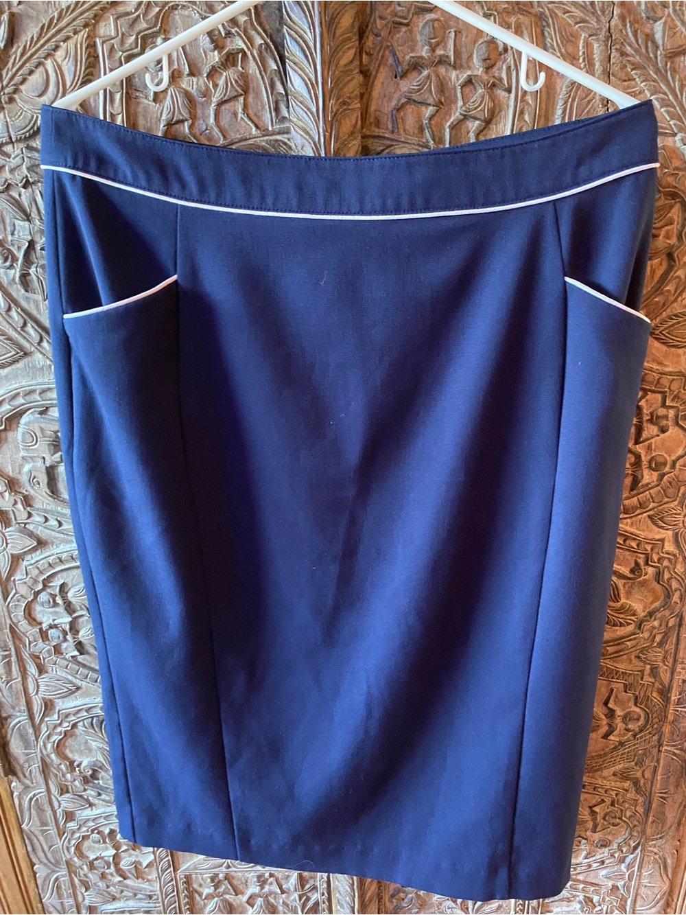 Classic Navy Pencil Skirt with White Piping by Tu.